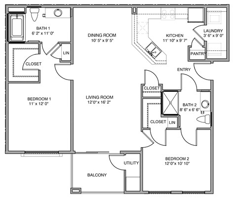 Floor plan for 2 beds, 2 baths, 1196 sqft